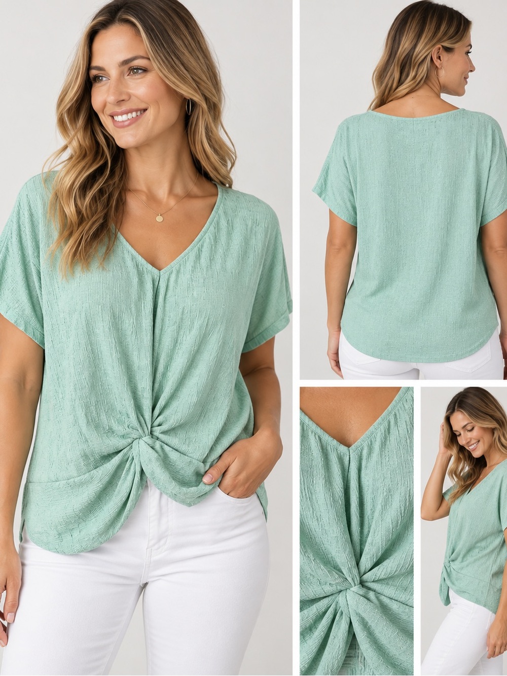 Textured Marled Twist Knot-Front V-Neck Short Sleeve Tee in Mint Green, Large